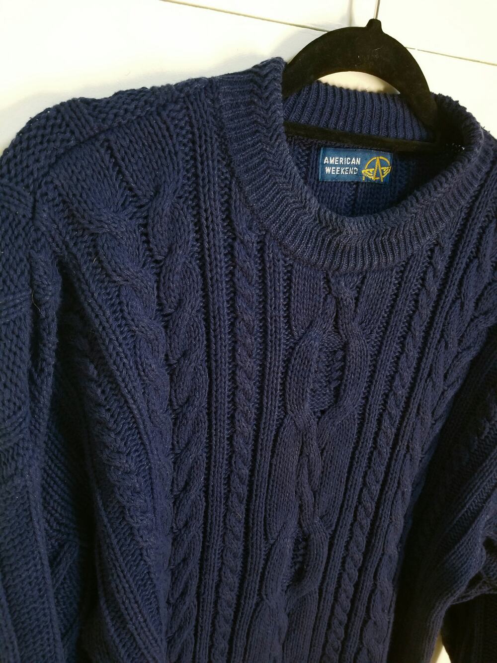 American Weekend Womens Vintage Cable Knit Navy Long Sweater Chunky 90s